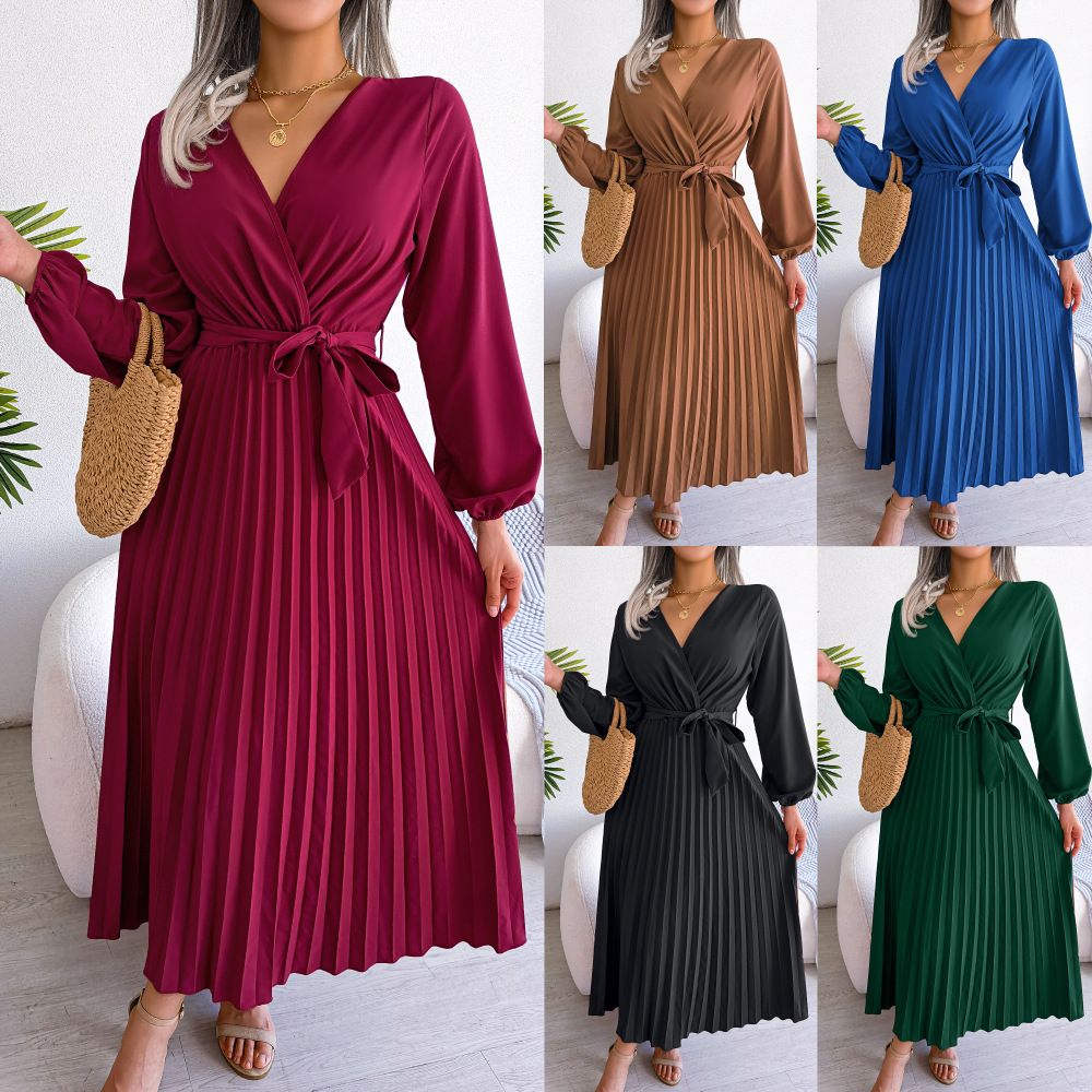 Trendy Cross Border Women's Pleated Dress With Vneck For Spring And Summer Season