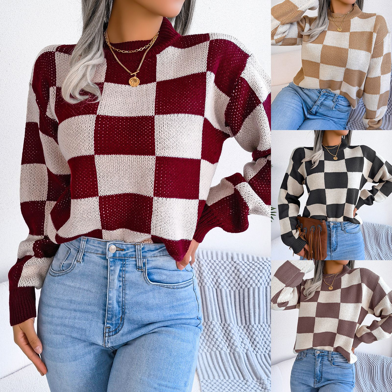 custom clothing Designer clothes ladies tops plaid pattern crochet top girls' sweaters cotton fabric women's sweaters