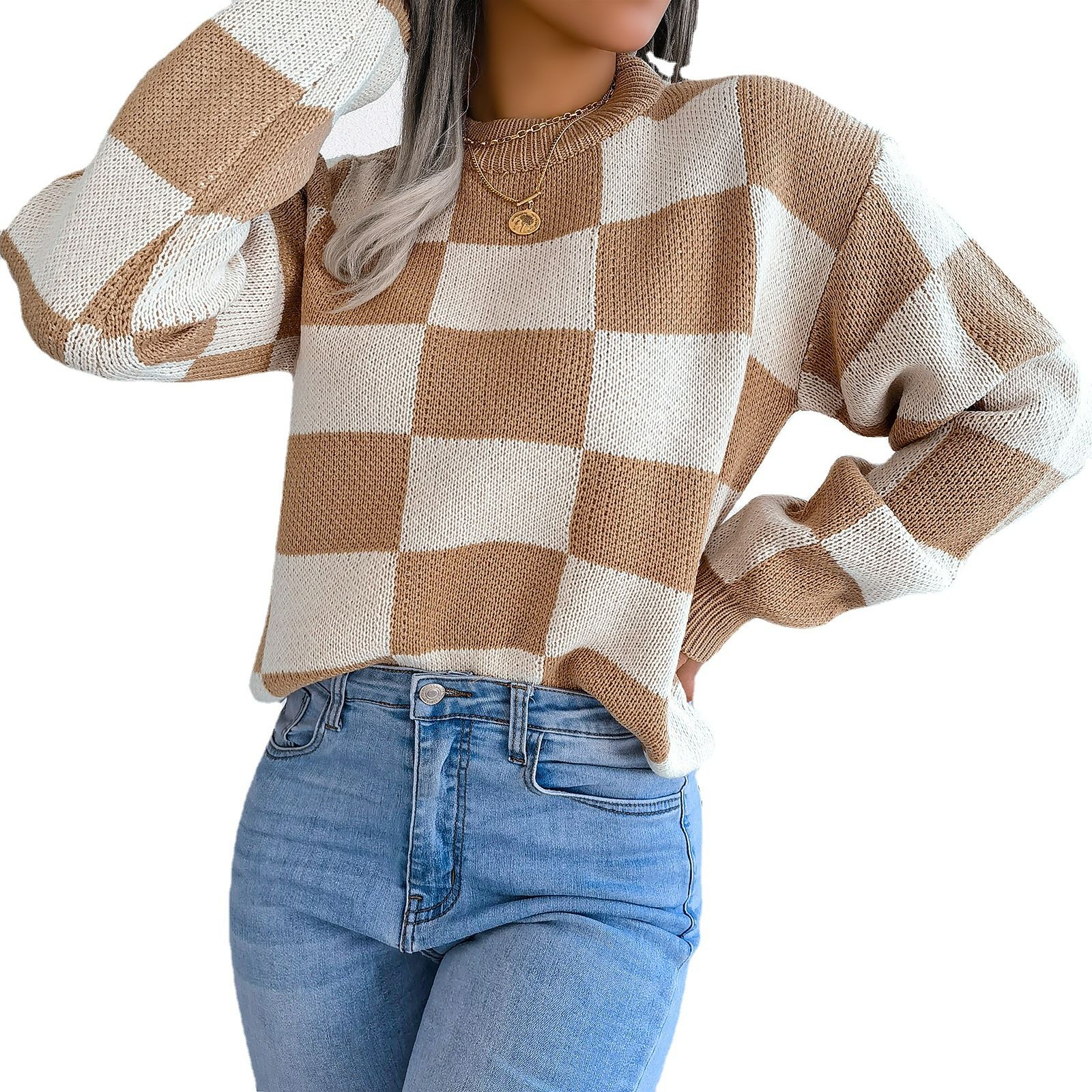 custom clothing Designer clothes ladies tops plaid pattern crochet top girls' sweaters cotton fabric women's sweaters