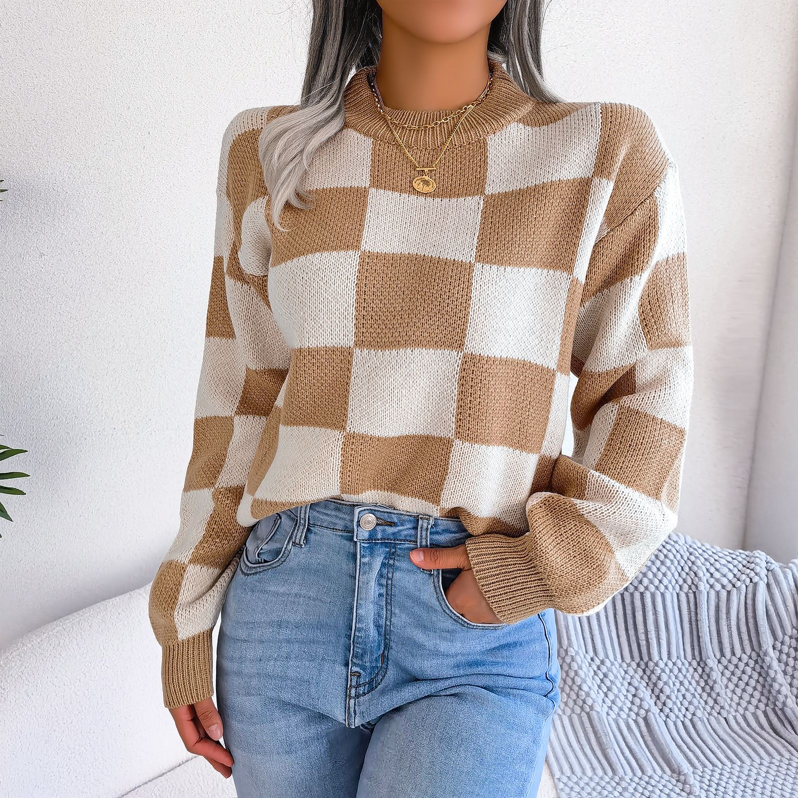 custom clothing Designer clothes ladies tops plaid pattern crochet top girls' sweaters cotton fabric women's sweaters
