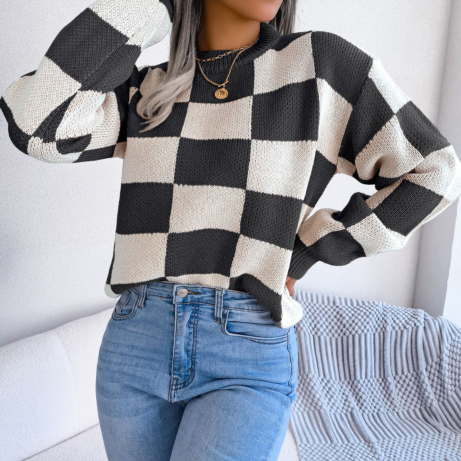 custom clothing Designer clothes ladies tops plaid pattern crochet top girls' sweaters cotton fabric women's sweaters