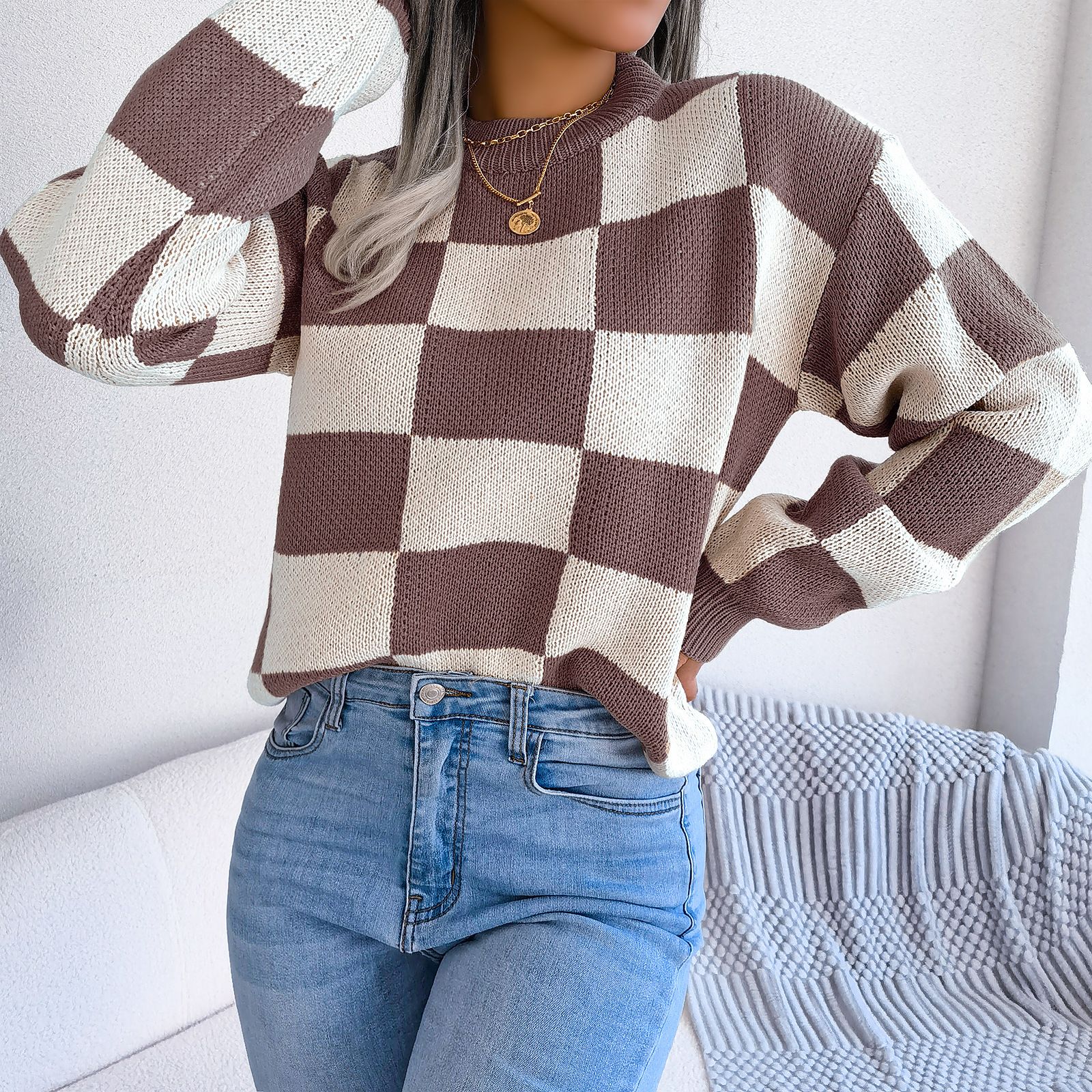 custom clothing Designer clothes ladies tops plaid pattern crochet top girls' sweaters cotton fabric women's sweaters