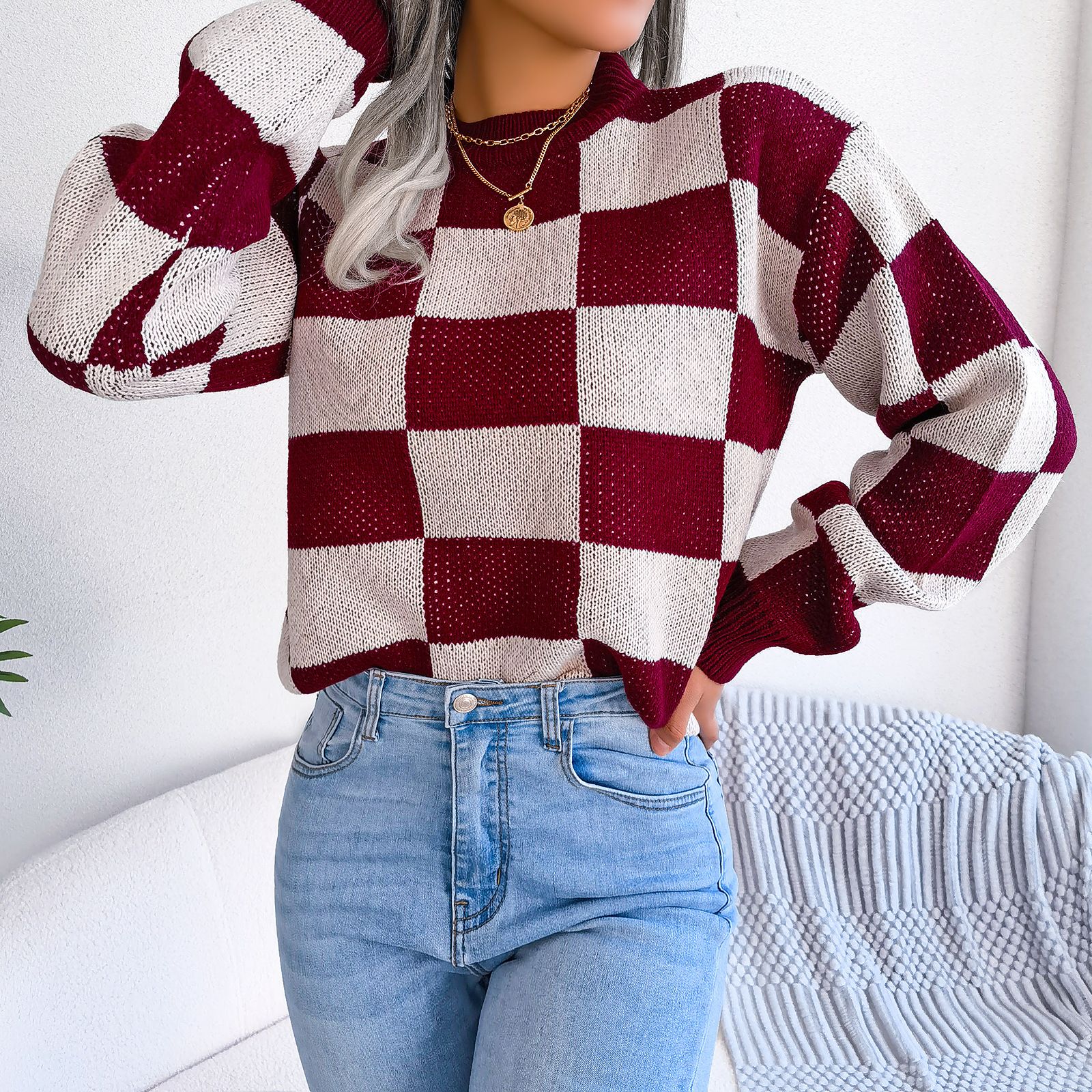 custom clothing Designer clothes ladies tops plaid pattern crochet top girls' sweaters cotton fabric women's sweaters