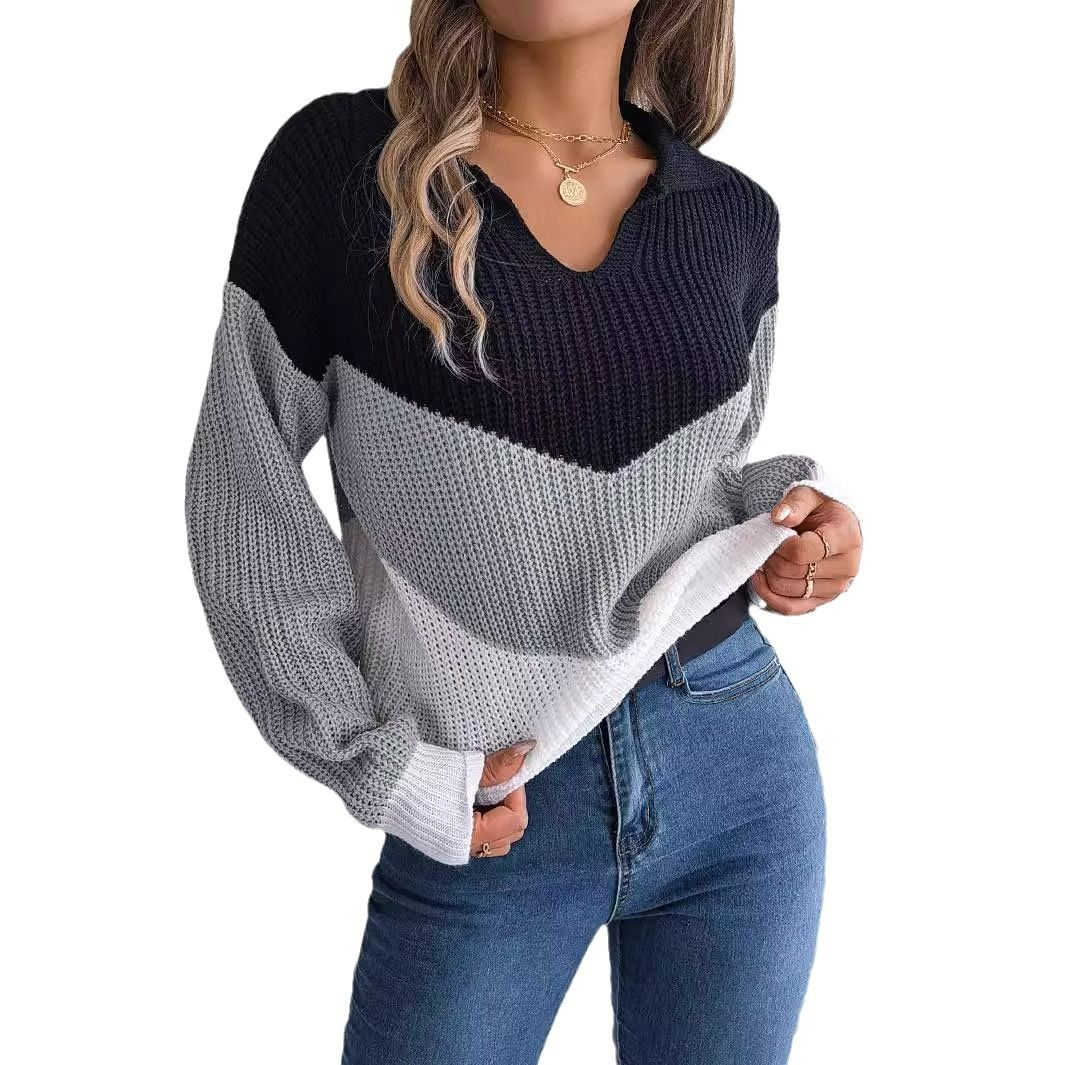 fall winter women's clothes women temperament casual Long sleeve knitted pullover idle lapels contrasting colors t shirt sweater