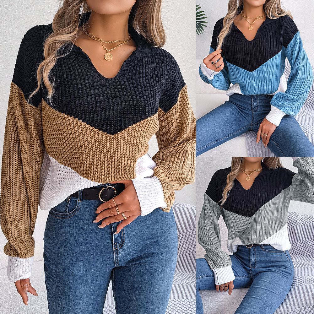 fall winter women's clothes women temperament casual Long sleeve knitted pullover idle lapels contrasting colors t shirt sweater