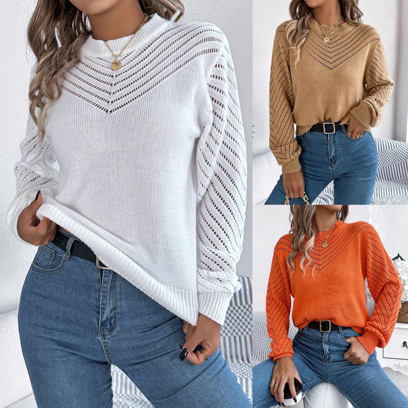 Casual Women Knit Hollow Out Crochet Sweater Long Sleeve Autumn Winter Top Pullovers Female Sexy Club Streetwear
