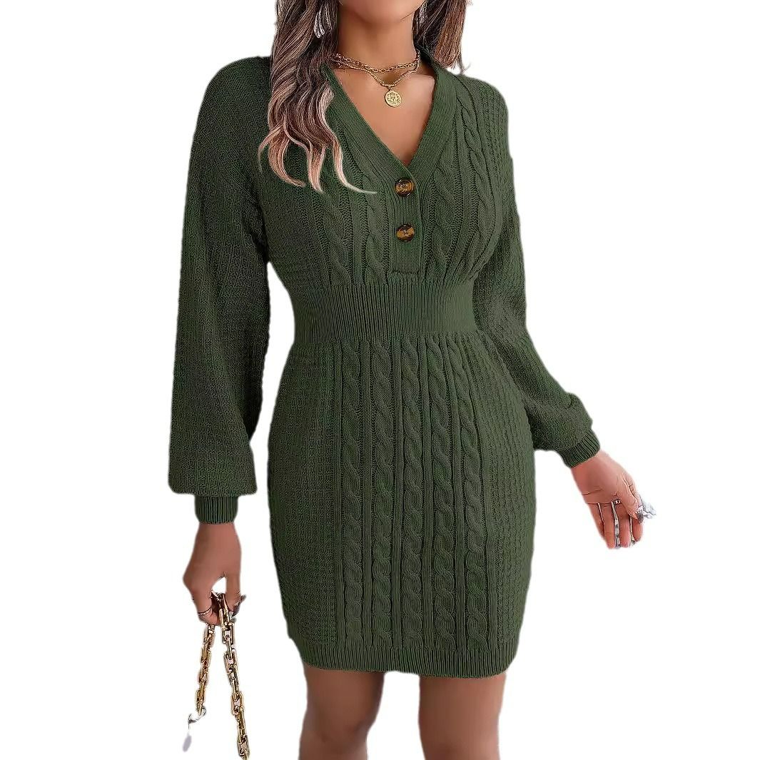 Vintage Bodycon Sweater Dress with Buttoned V-Neck Twisted Lantern Sleeve and Patchwork Pattern