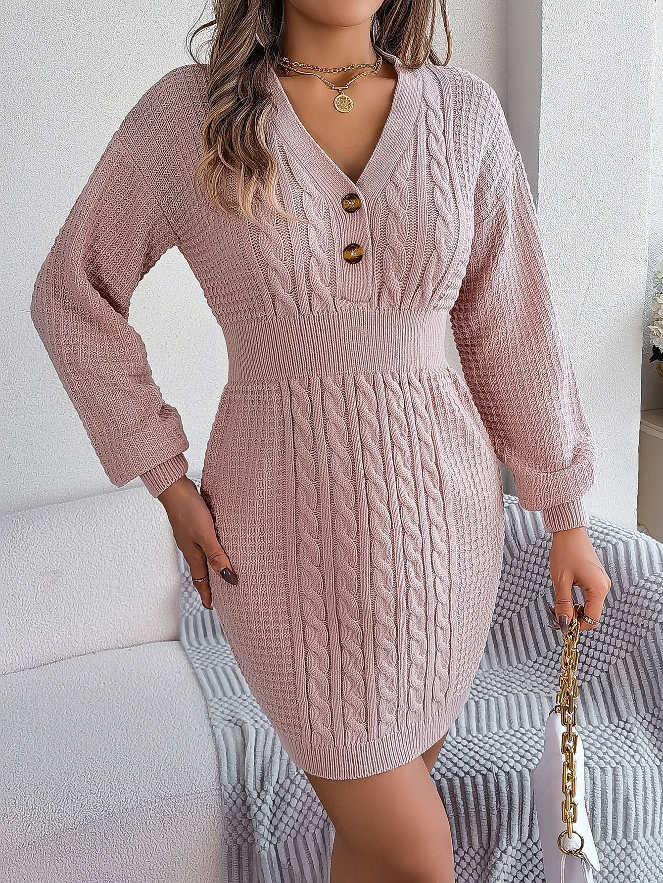 Vintage Bodycon Sweater Dress with Buttoned V-Neck Twisted Lantern Sleeve and Patchwork Pattern