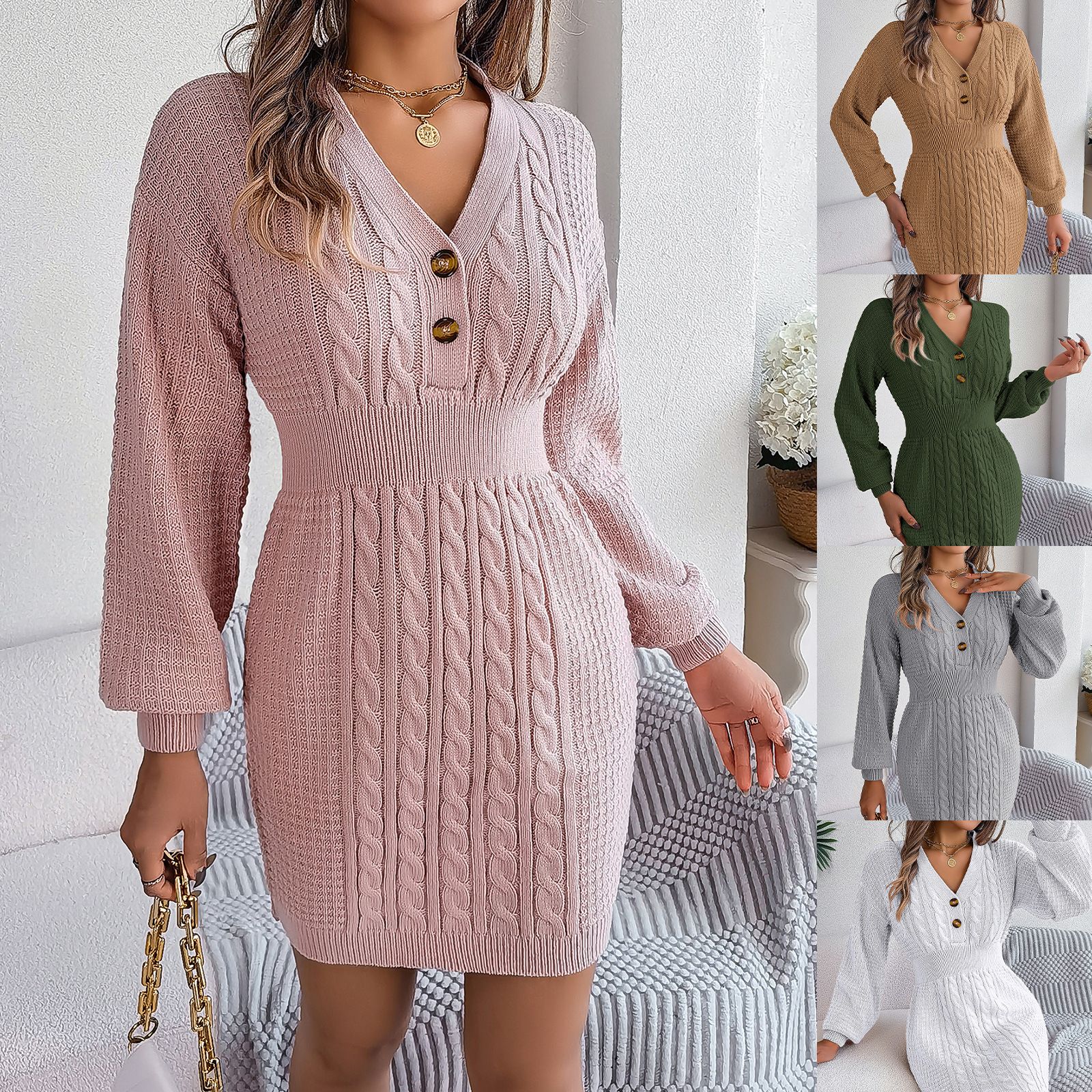 Vintage Bodycon Sweater Dress with Buttoned V-Neck Twisted Lantern Sleeve and Patchwork Pattern