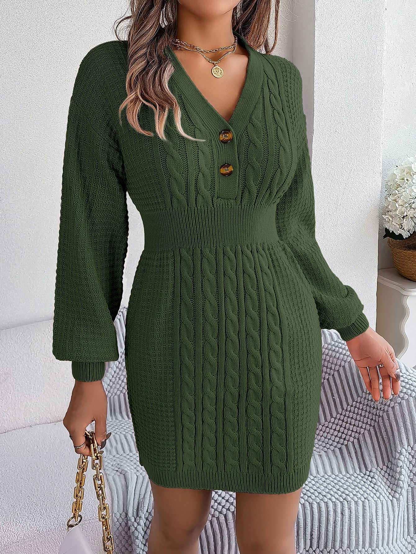 Vintage Bodycon Sweater Dress with Buttoned V-Neck Twisted Lantern Sleeve and Patchwork Pattern