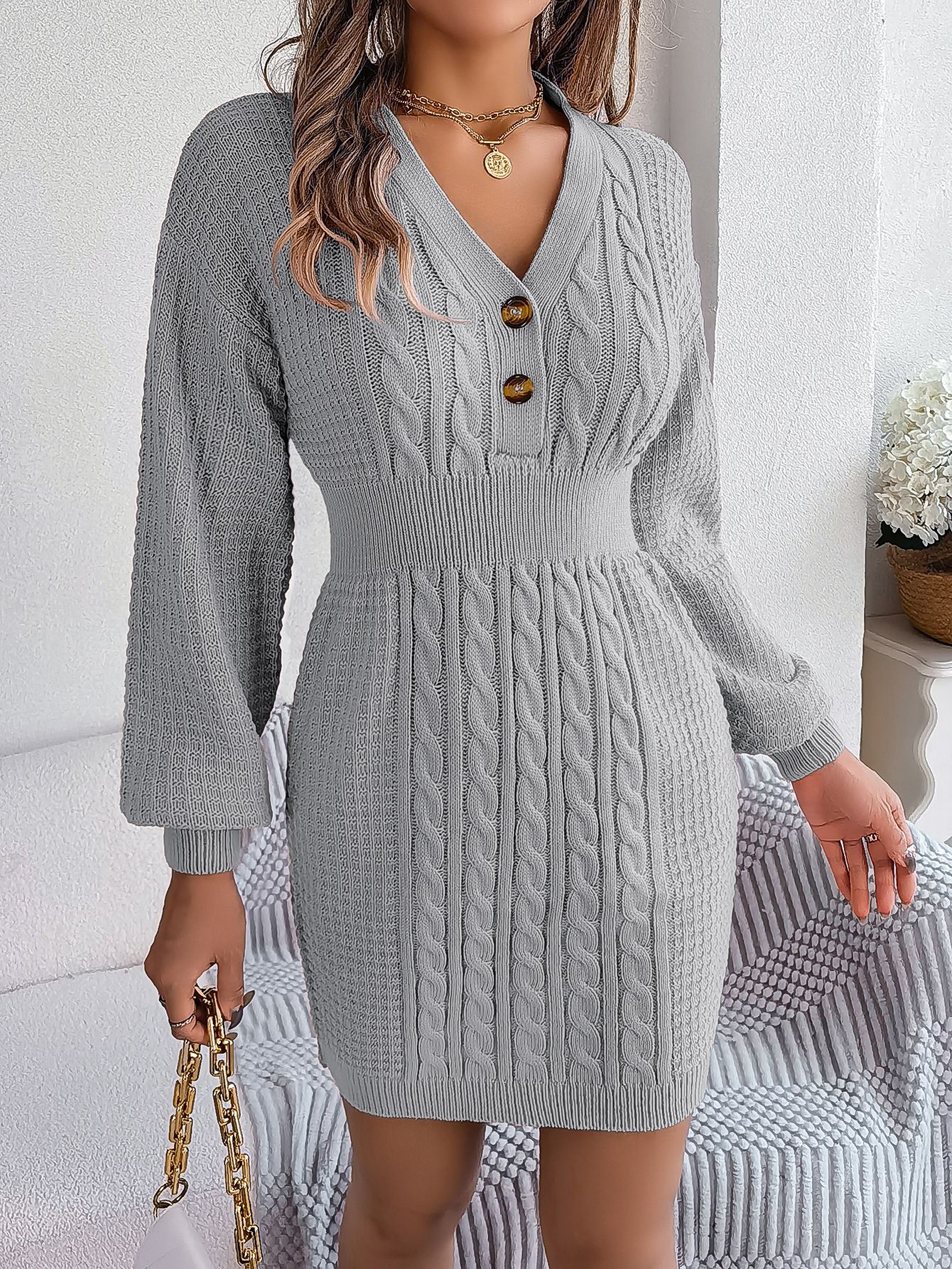Vintage Bodycon Sweater Dress with Buttoned V-Neck Twisted Lantern Sleeve and Patchwork Pattern