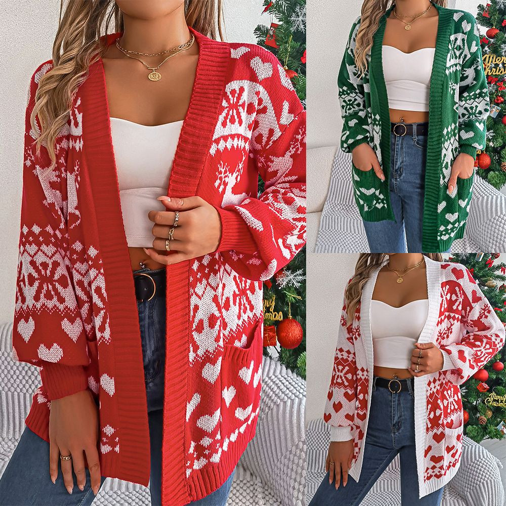 Custom Christmas Cardigan Sweaters for Women wholesale Deer Open Front Casual Knit sweater Fall Winter Long Cardigans