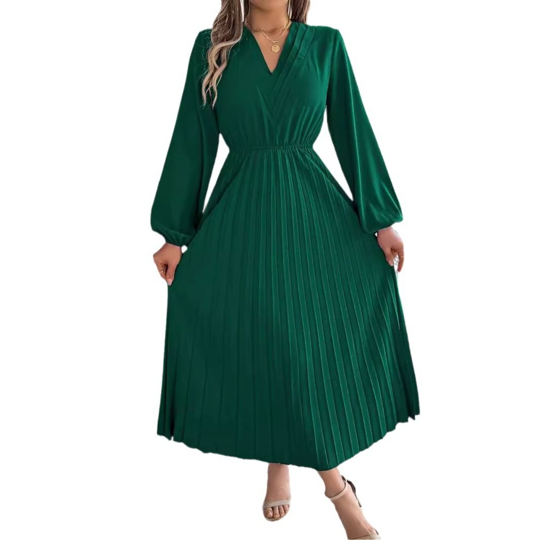 New Women's Casual Clothing V Neck Pleated Skirt Dress Spring and Autumn Lady Elegant Long Puff Sleeve A-Line Dresses