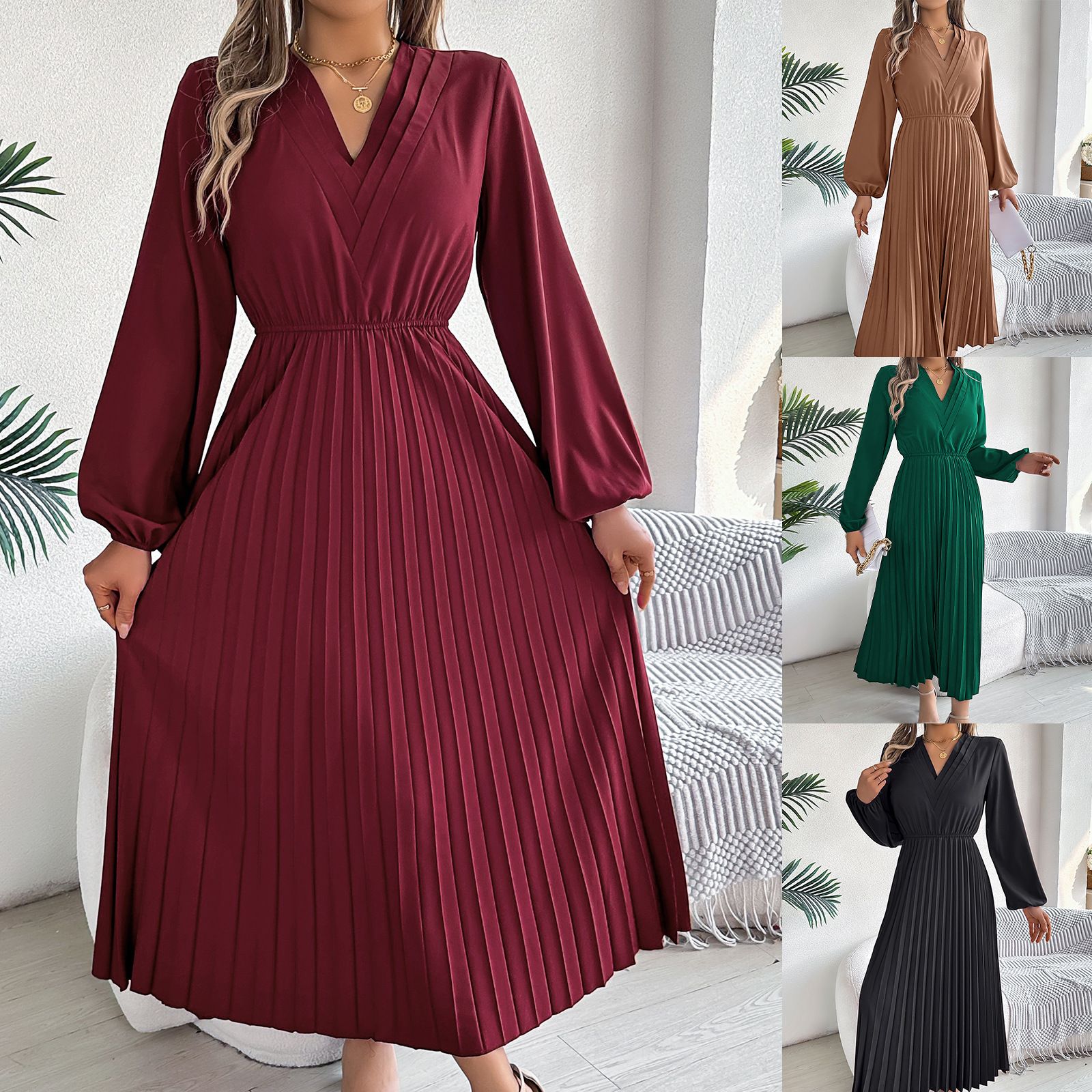 New Women's Casual Clothing V Neck Pleated Skirt Dress Spring and Autumn Lady Elegant Long Puff Sleeve A-Line Dresses