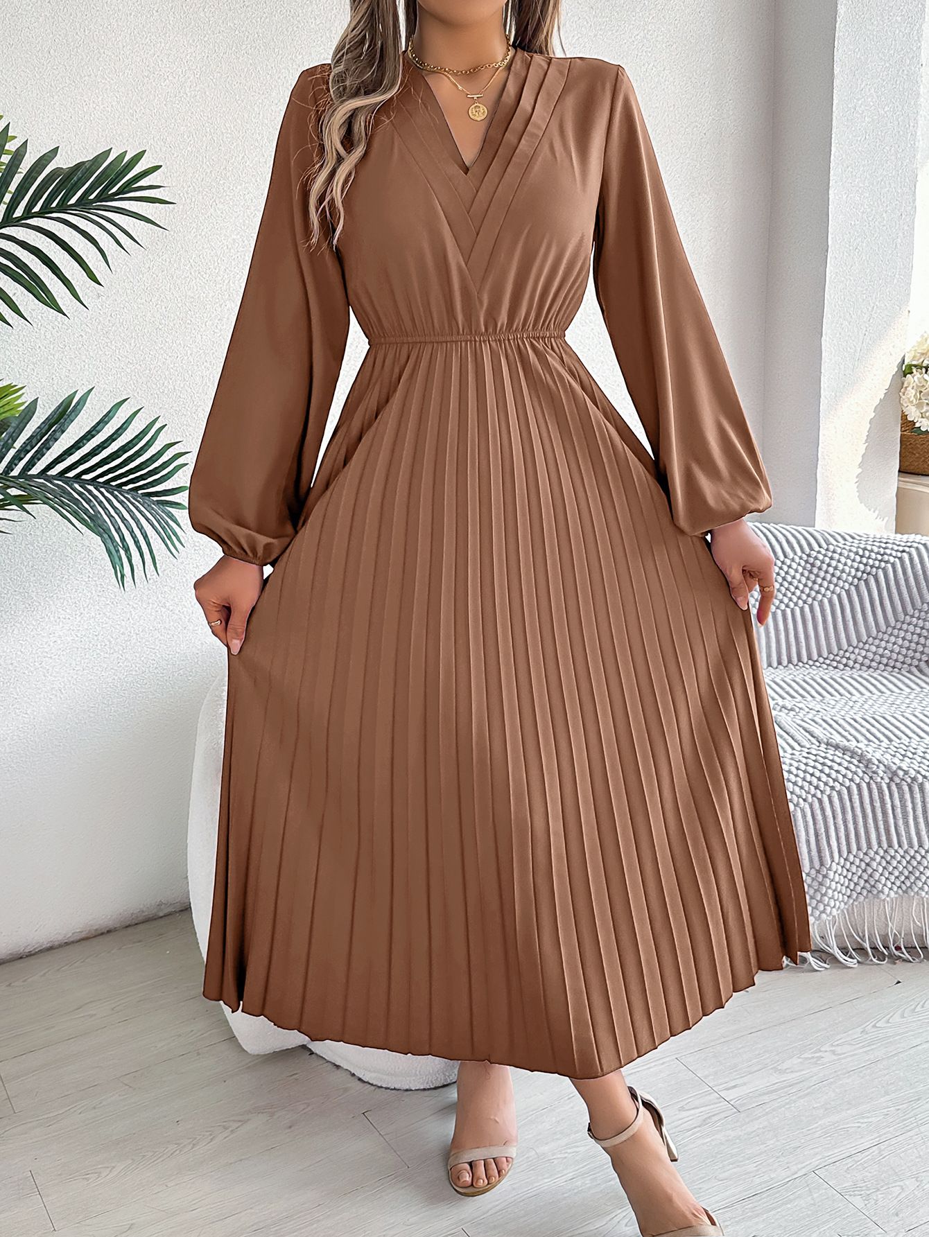 New Women's Casual Clothing V Neck Pleated Skirt Dress Spring and Autumn Lady Elegant Long Puff Sleeve A-Line Dresses