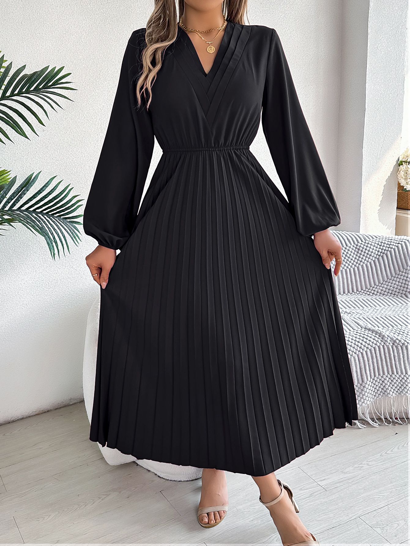 New Women's Casual Clothing V Neck Pleated Skirt Dress Spring and Autumn Lady Elegant Long Puff Sleeve A-Line Dresses