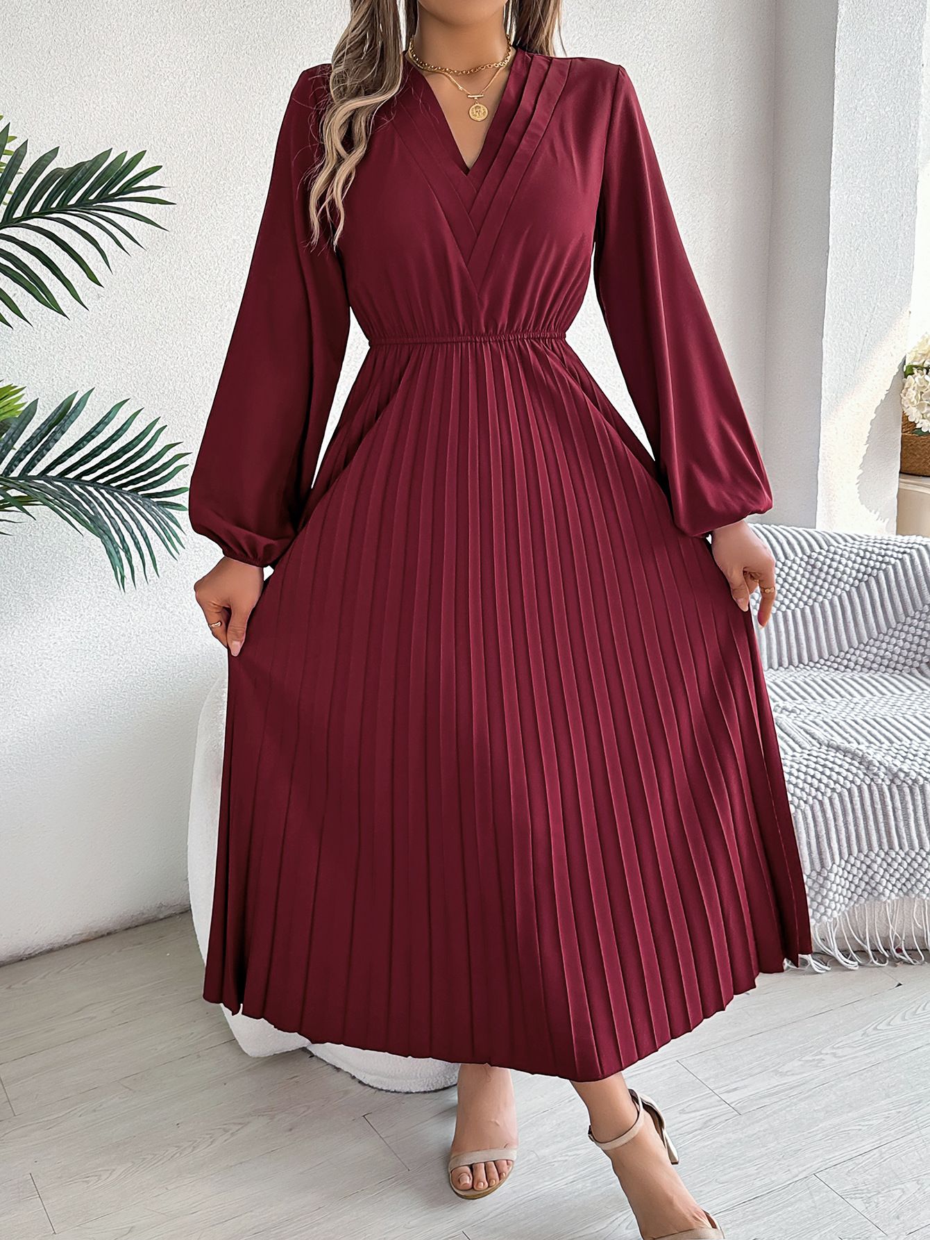 New Women's Casual Clothing V Neck Pleated Skirt Dress Spring and Autumn Lady Elegant Long Puff Sleeve A-Line Dresses