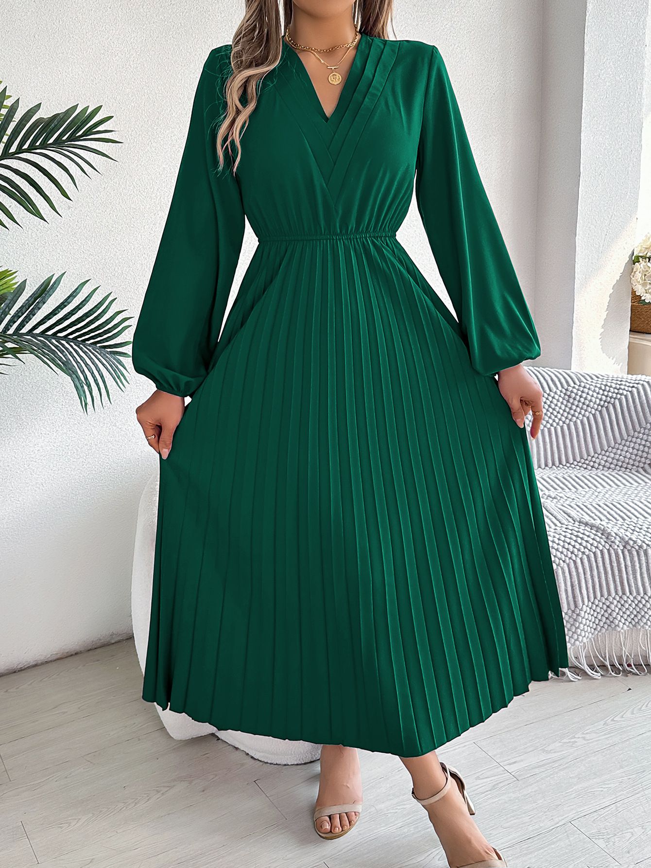 New Women's Casual Clothing V Neck Pleated Skirt Dress Spring and Autumn Lady Elegant Long Puff Sleeve A-Line Dresses