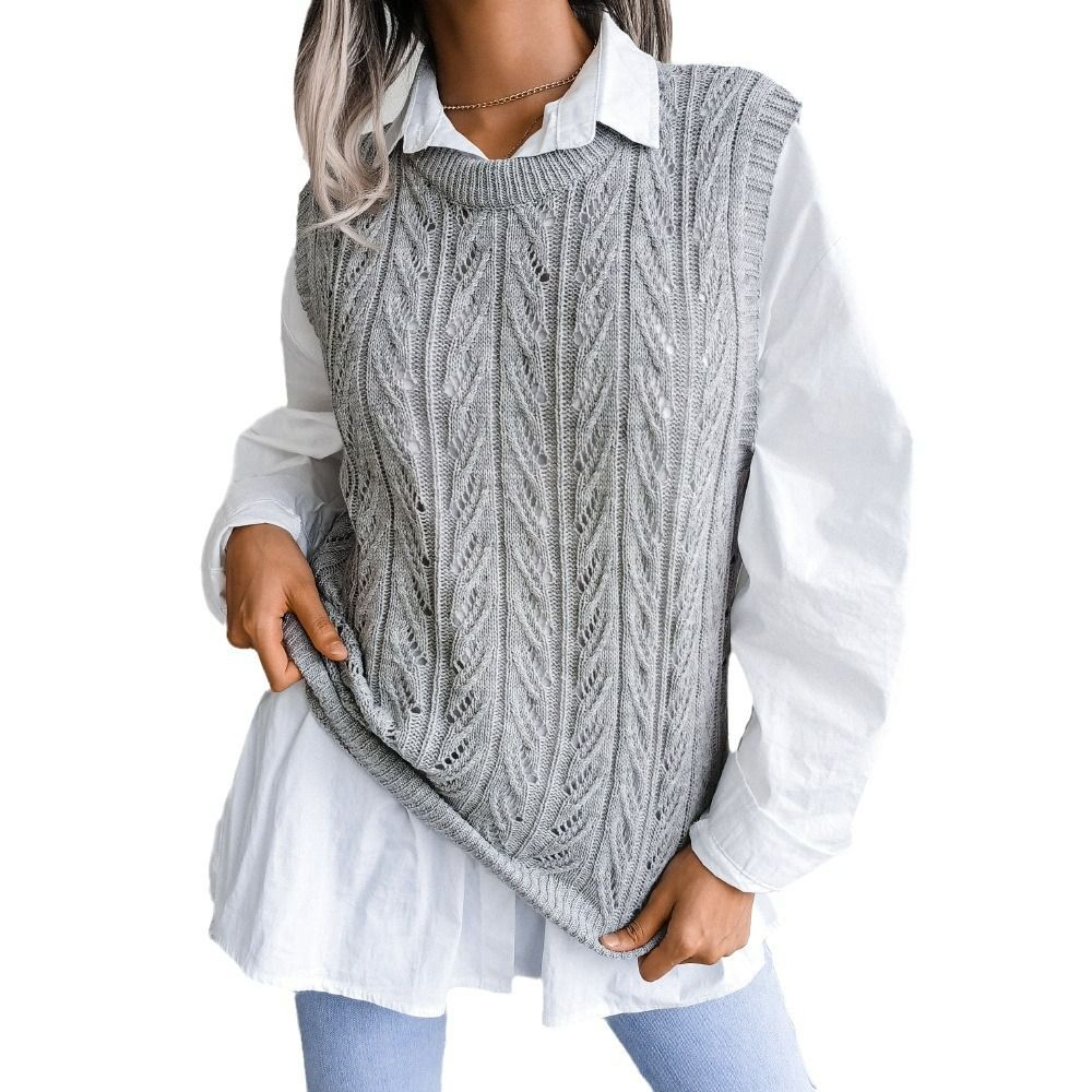 Custom Cashmere Sweater Vest Winter Ladies Crew Neck Woolen Irregular Bottom Cable Knit Sleeveless Vest Sweater Women