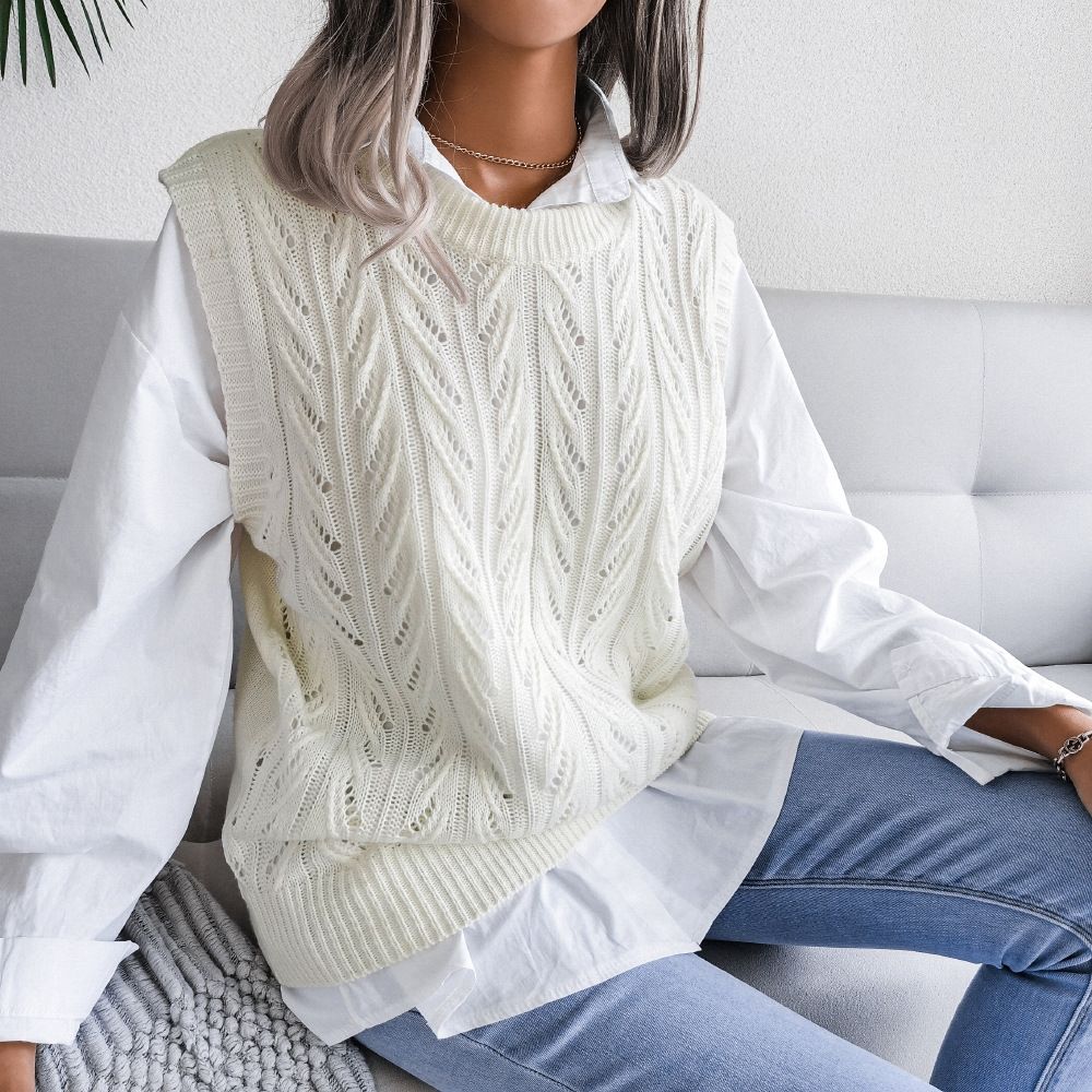 Custom Cashmere Sweater Vest Winter Ladies Crew Neck Woolen Irregular Bottom Cable Knit Sleeveless Vest Sweater Women