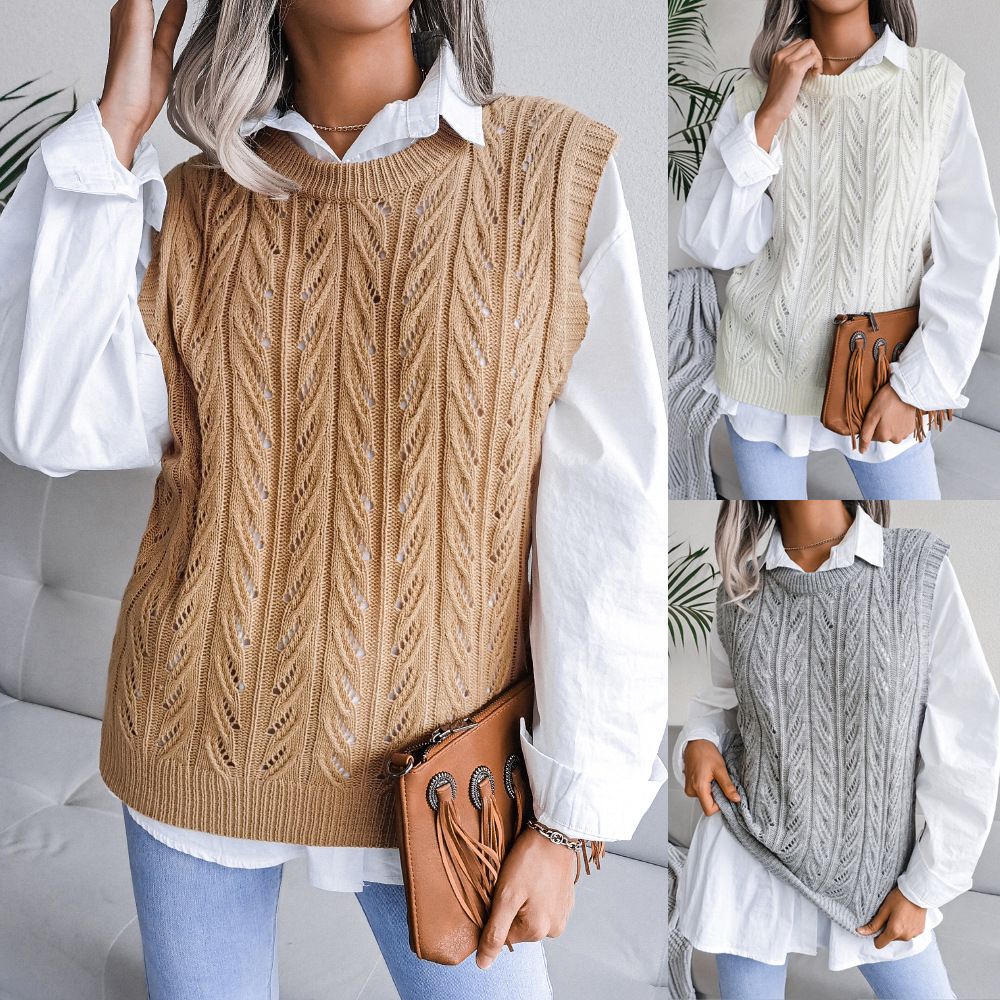 Custom Cashmere Sweater Vest Winter Ladies Crew Neck Woolen Irregular Bottom Cable Knit Sleeveless Vest Sweater Women