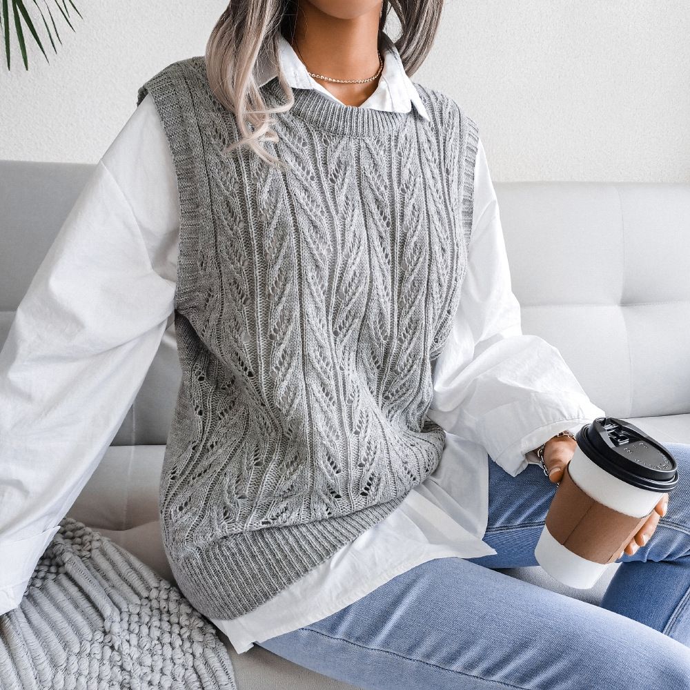 Custom Cashmere Sweater Vest Winter Ladies Crew Neck Woolen Irregular Bottom Cable Knit Sleeveless Vest Sweater Women