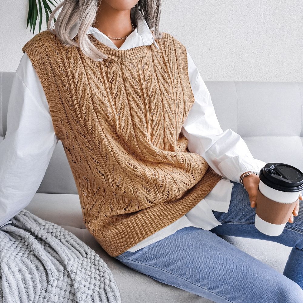 Custom Cashmere Sweater Vest Winter Ladies Crew Neck Woolen Irregular Bottom Cable Knit Sleeveless Vest Sweater Women