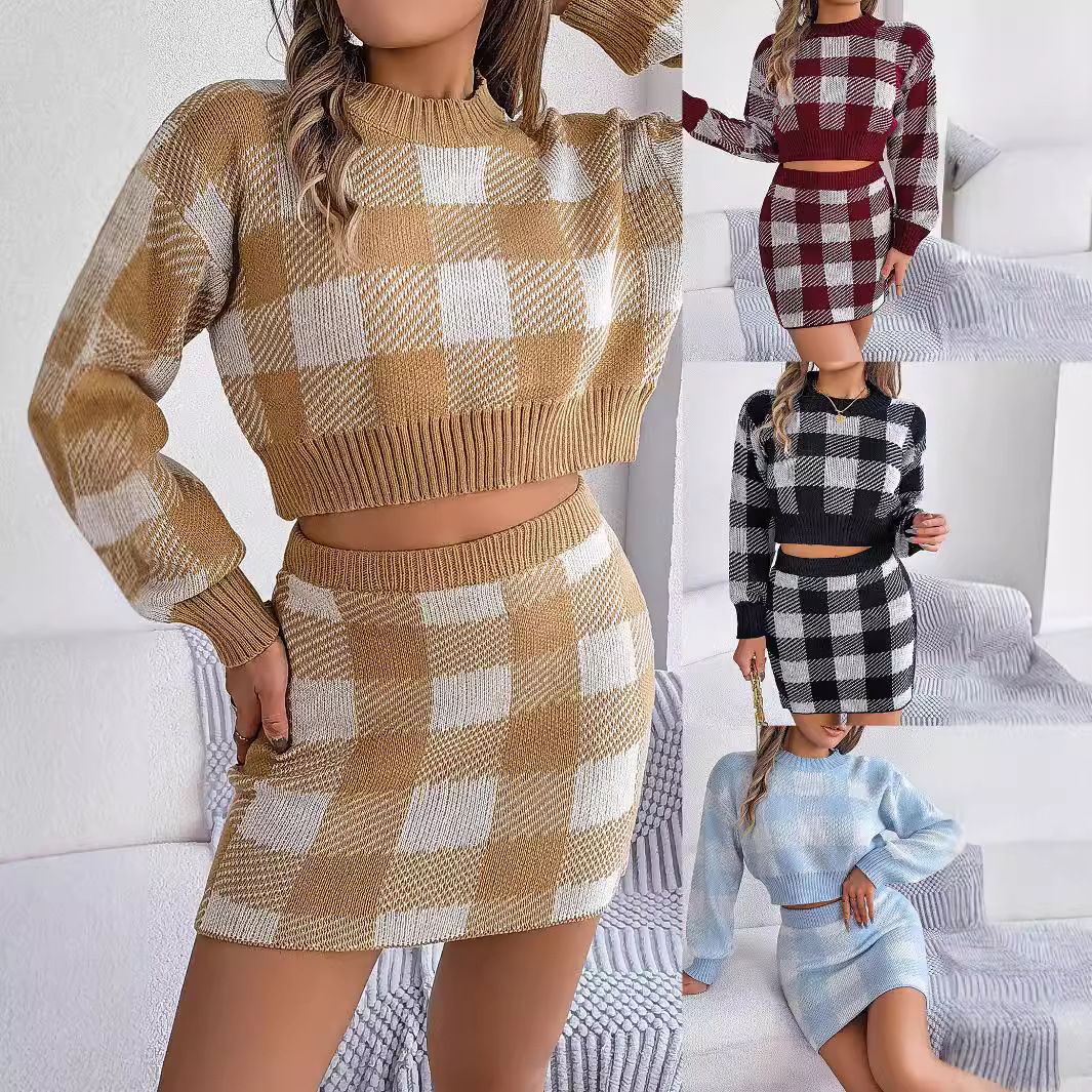 Factory Wholesale Knitted Two-piece Set Long sleeve SweaterTop High Waist knit Skirt set for ladies Fall Spring outwearing