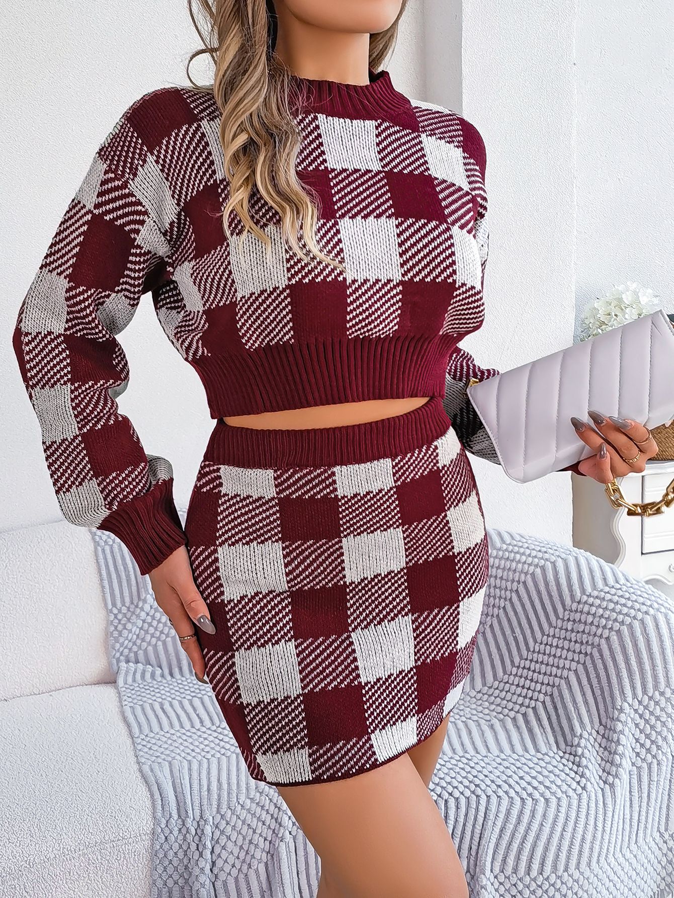 Factory Wholesale Knitted Two-piece Set Long sleeve SweaterTop High Waist knit Skirt set for ladies Fall Spring outwearing