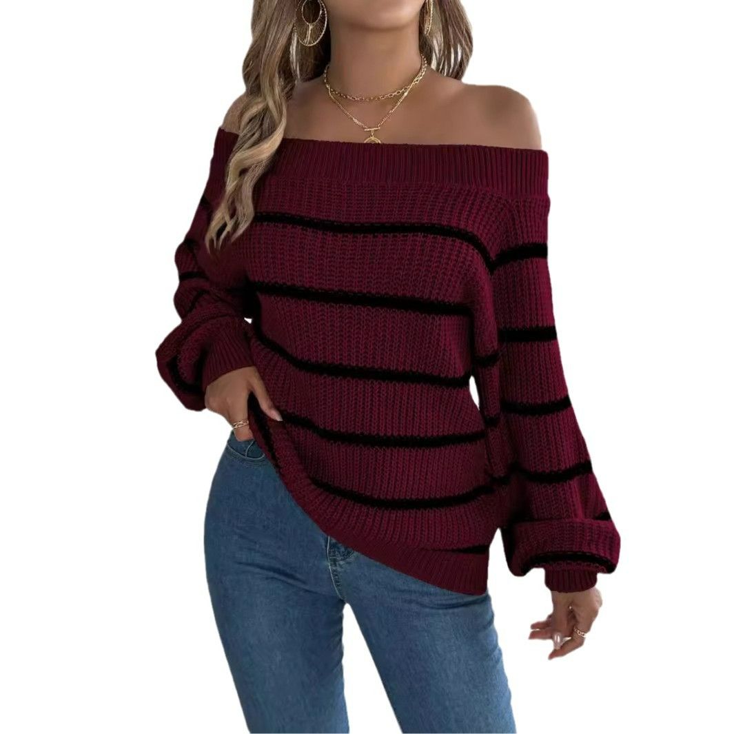 Soiling Trending fashion women off shoulder knitwear striped jumper mujer pullover elegant fall winter sweaters