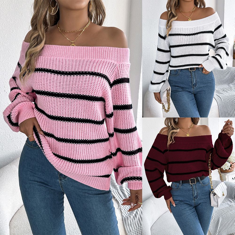 Soiling Trending fashion women off shoulder knitwear striped jumper mujer pullover elegant fall winter sweaters