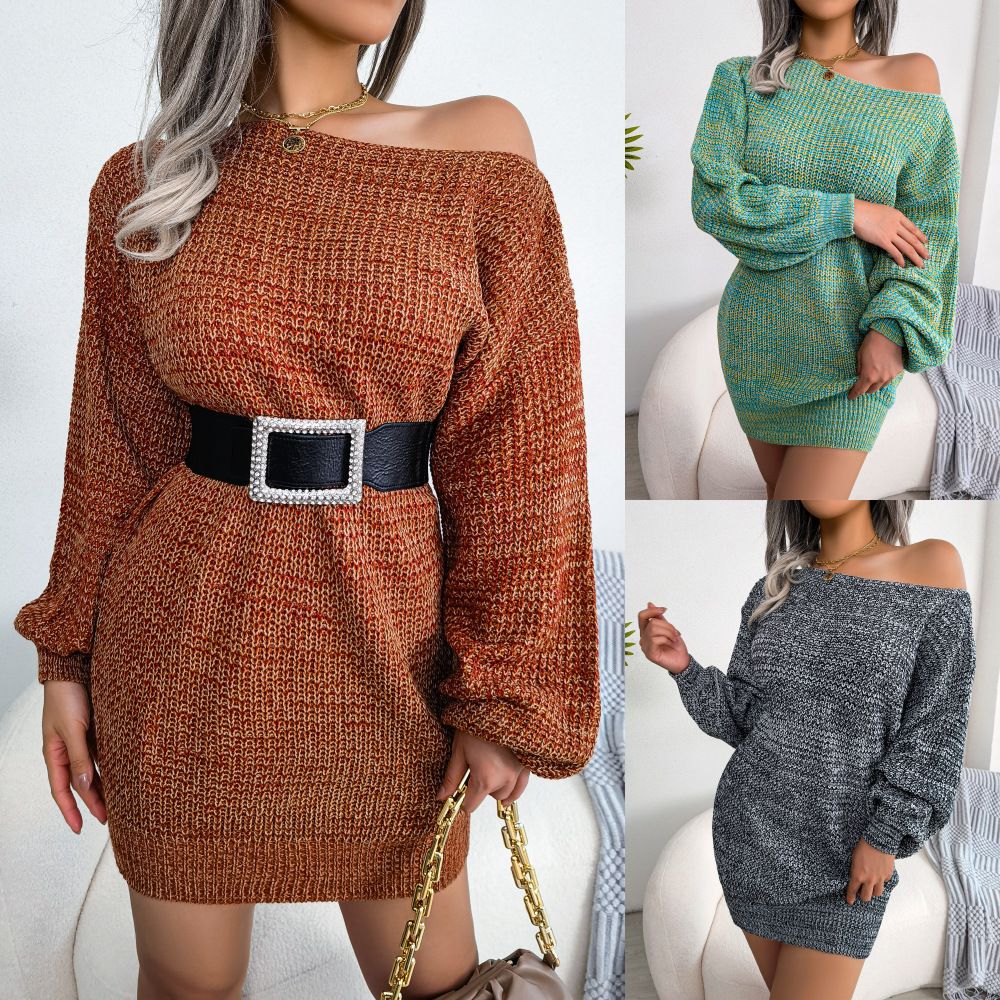 Wholesale spot Casual Sexy Off Shoulder Solid Sweater Dresses Autumn Winter New Long Sleeve O-Neck Pullover Knitted Dress