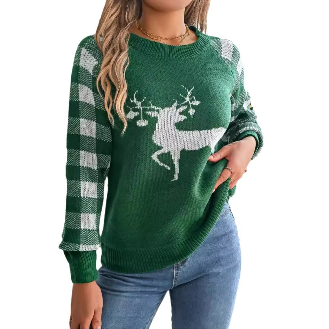 Custom Women's Pullover ugly Christmas Sweaters Long Sleeve Print Knitted Crew Neck Tops Reindeer Plaid Knit Sweater