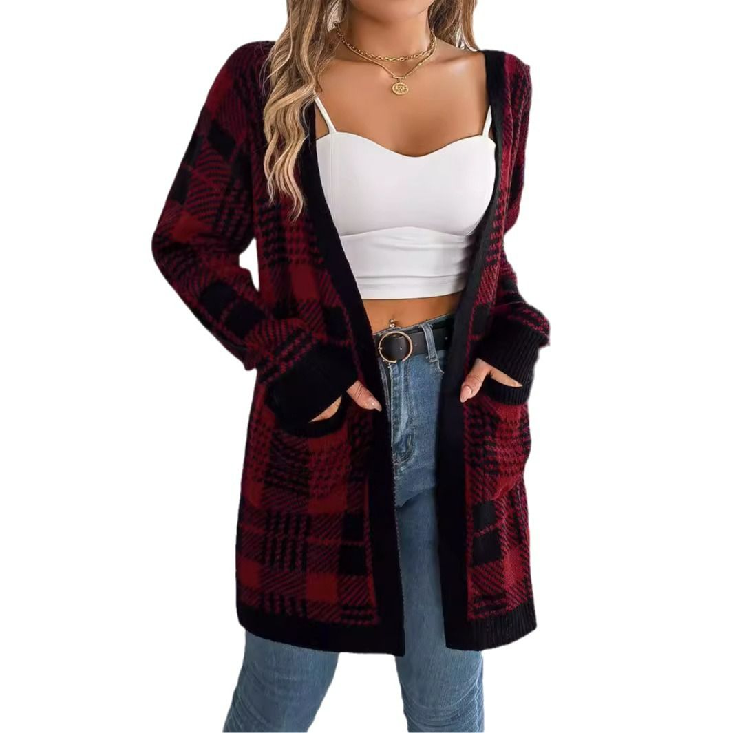 Christmas Cardigan Sweaters with Pocket Long Sleeve Lightweight Plaid Long cardigan sweater women