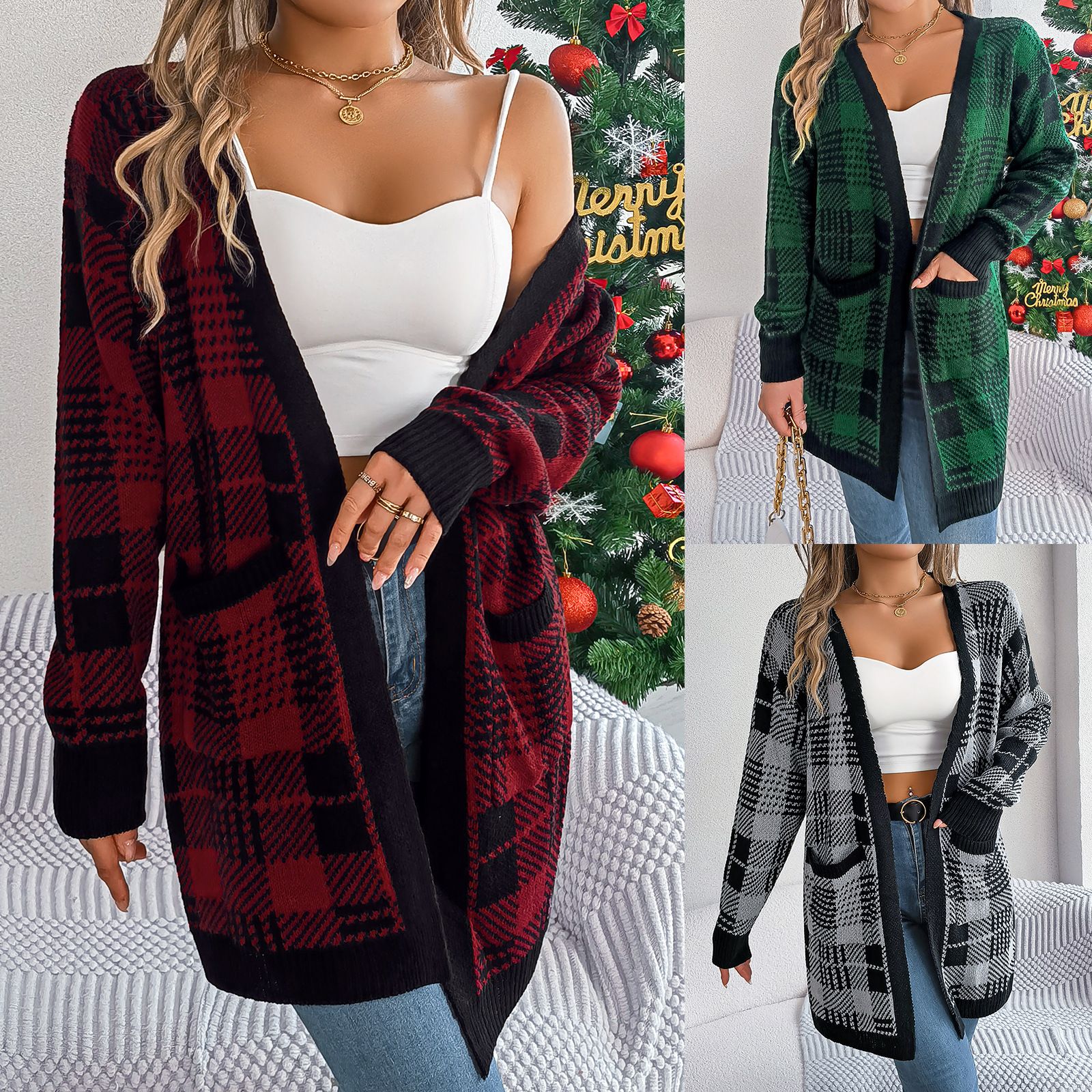 Christmas Cardigan Sweaters with Pocket Long Sleeve Lightweight Plaid Long cardigan sweater women