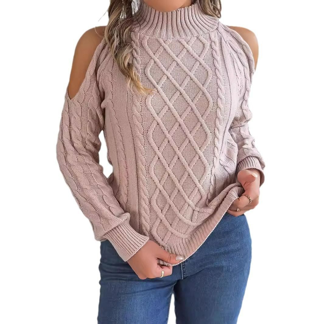 Women's off-shoulder turtleneck sweater Fall long-sleeved soft twist knitted pullover sexy pullover top