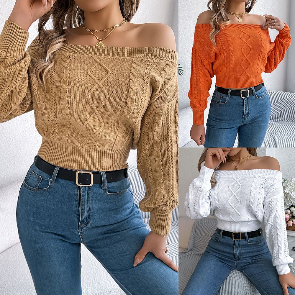 Manufacturer Custom Sexy Solid Color Off-Shoulder Knit Top Slim Long Sleeve Cropped Sweater Women