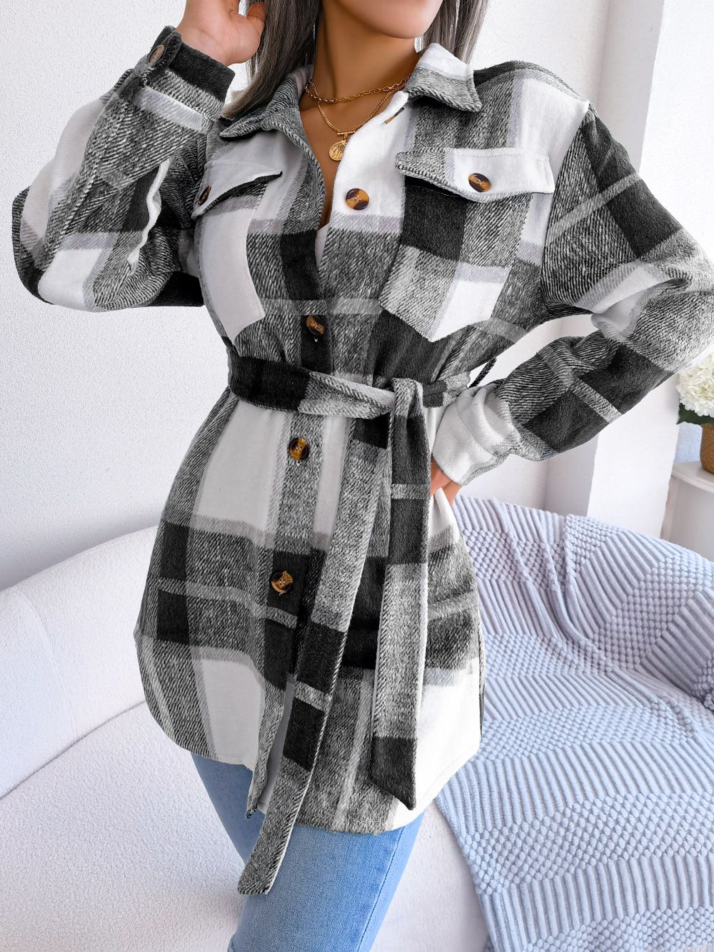 winter hit is the lapel-checked women trench coat long slim-fitting single-breasted women's coat womens jacket and coats