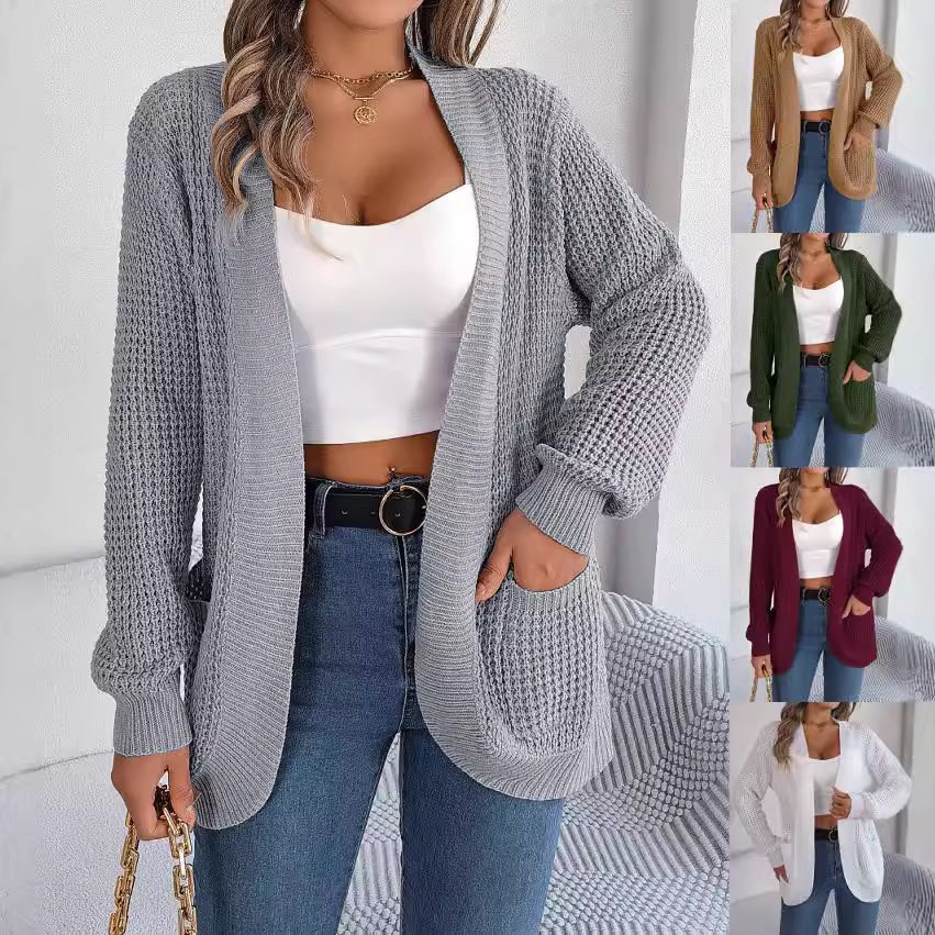 Custom Women's Cardigan Jacket with European American Pattern Curved Knit Print Sweater with Pockets