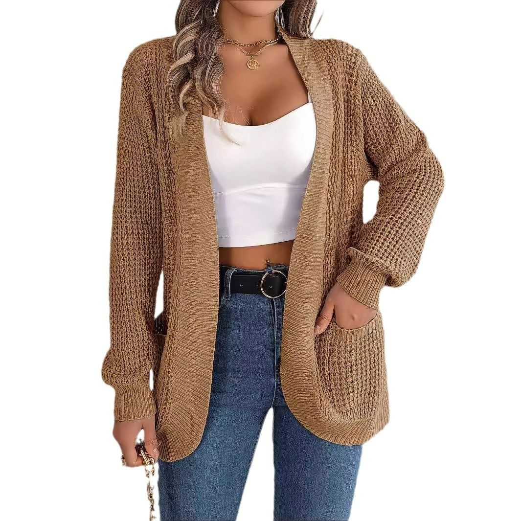 Custom Women's Cardigan Jacket with European American Pattern Curved Knit Print Sweater with Pockets