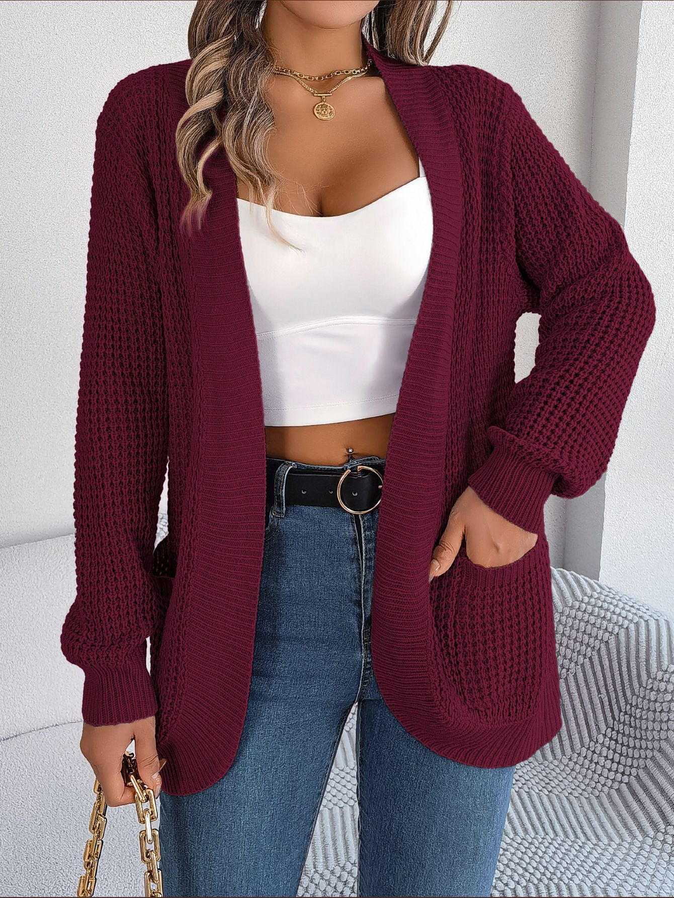 Custom Women's Cardigan Jacket with European American Pattern Curved Knit Print Sweater with Pockets