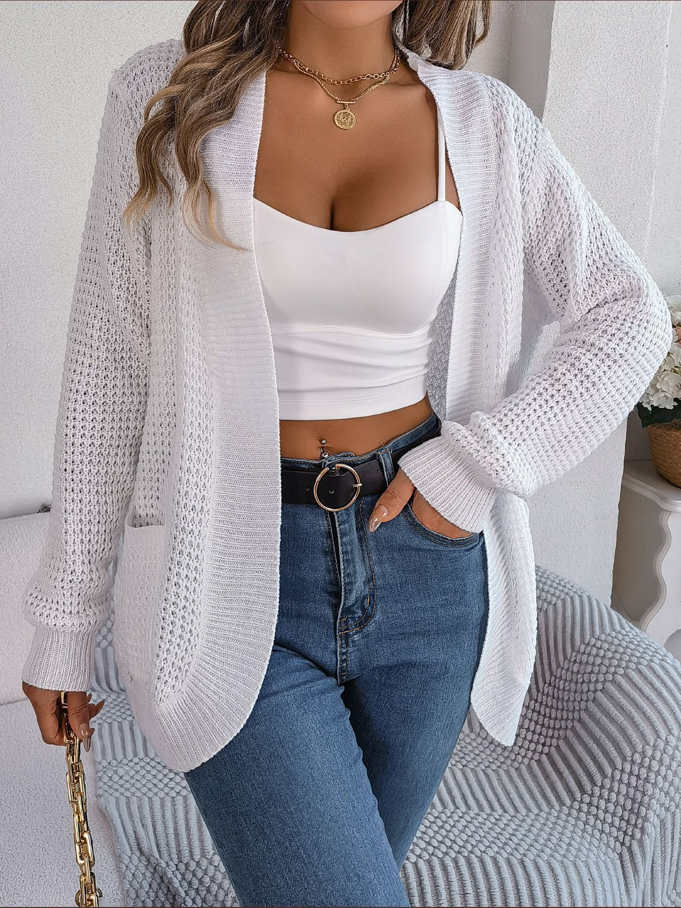 Custom Women's Cardigan Jacket with European American Pattern Curved Knit Print Sweater with Pockets