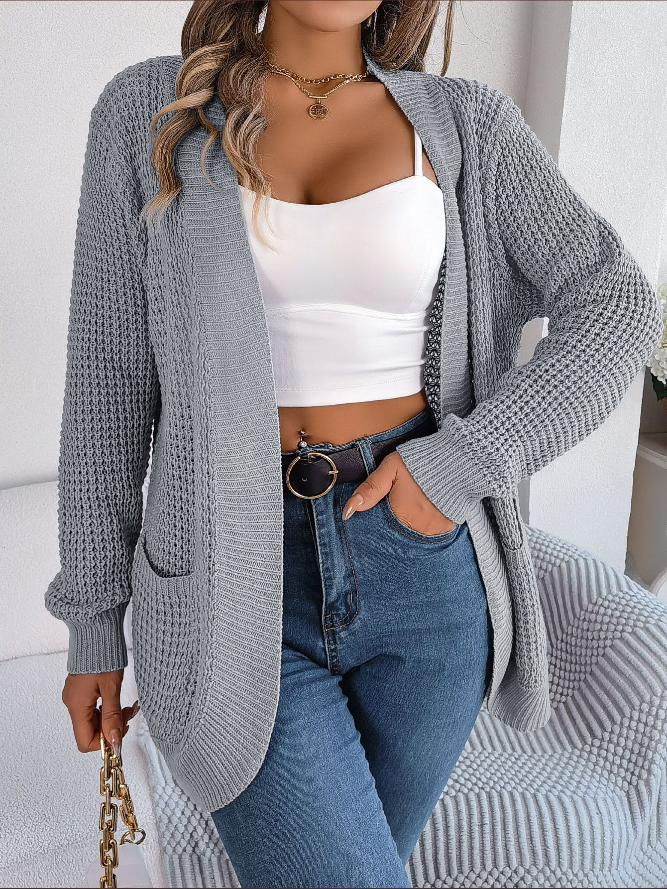 Custom Women's Cardigan Jacket with European American Pattern Curved Knit Print Sweater with Pockets