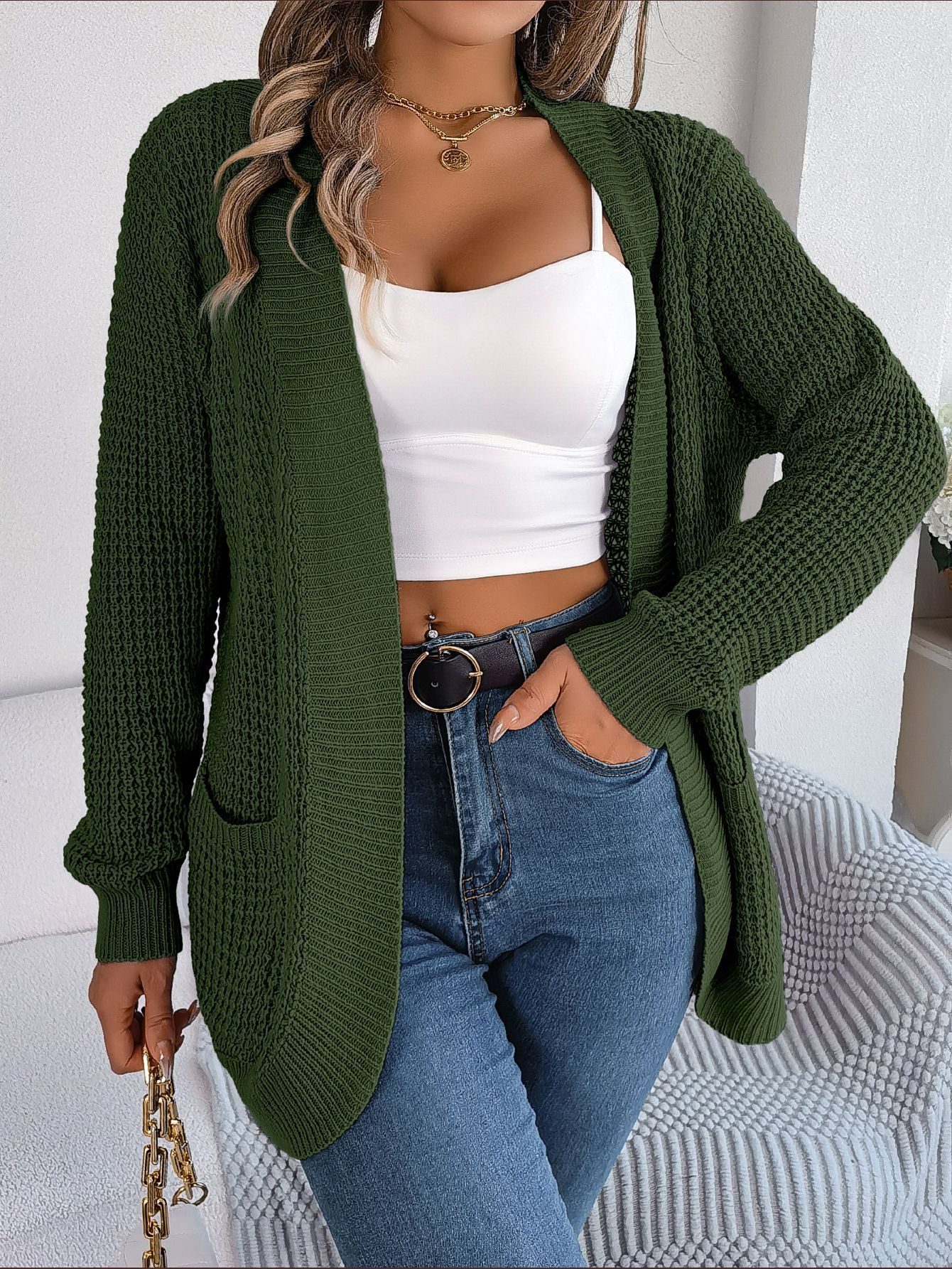 Custom Women's Cardigan Jacket with European American Pattern Curved Knit Print Sweater with Pockets