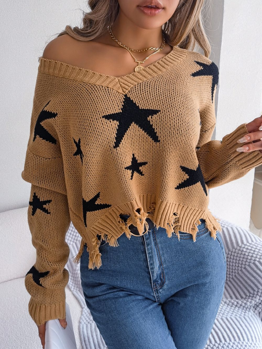 New Sweater Women Autumn Knitting V-neck Star Cut Long Sleeve Knitted Pullover Sexy Sweaters