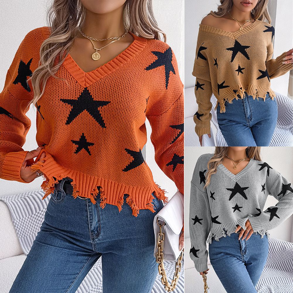 New Sweater Women Autumn Knitting V-neck Star Cut Long Sleeve Knitted Pullover Sexy Sweaters