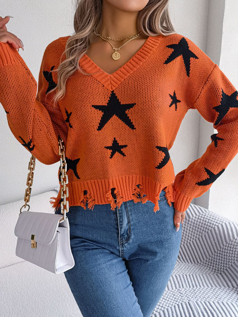 New Sweater Women Autumn Knitting V-neck Star Cut Long Sleeve Knitted Pullover Sexy Sweaters