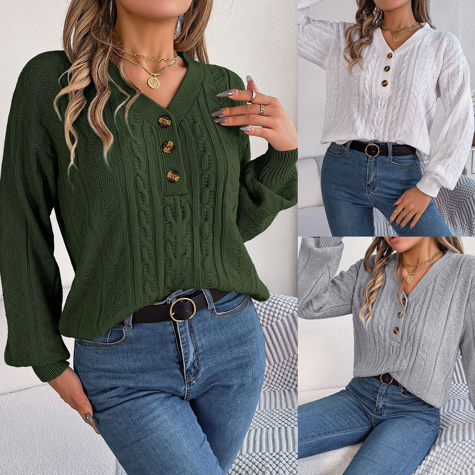 New Arrivals Fashion Winter Women's Puff Sleeve V Neck Knitted Pullover Women Top Oversize Sweater
