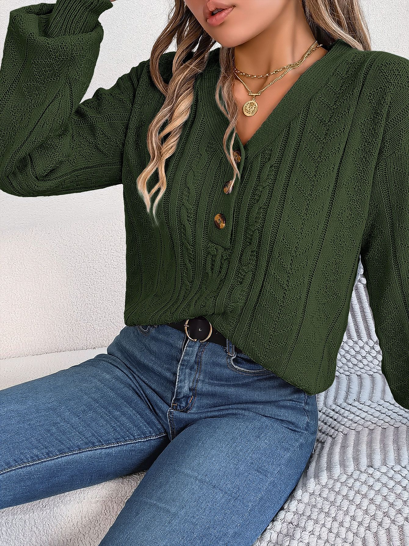 New Arrivals Fashion Winter Women's Puff Sleeve V Neck Knitted Pullover Women Top Oversize Sweater