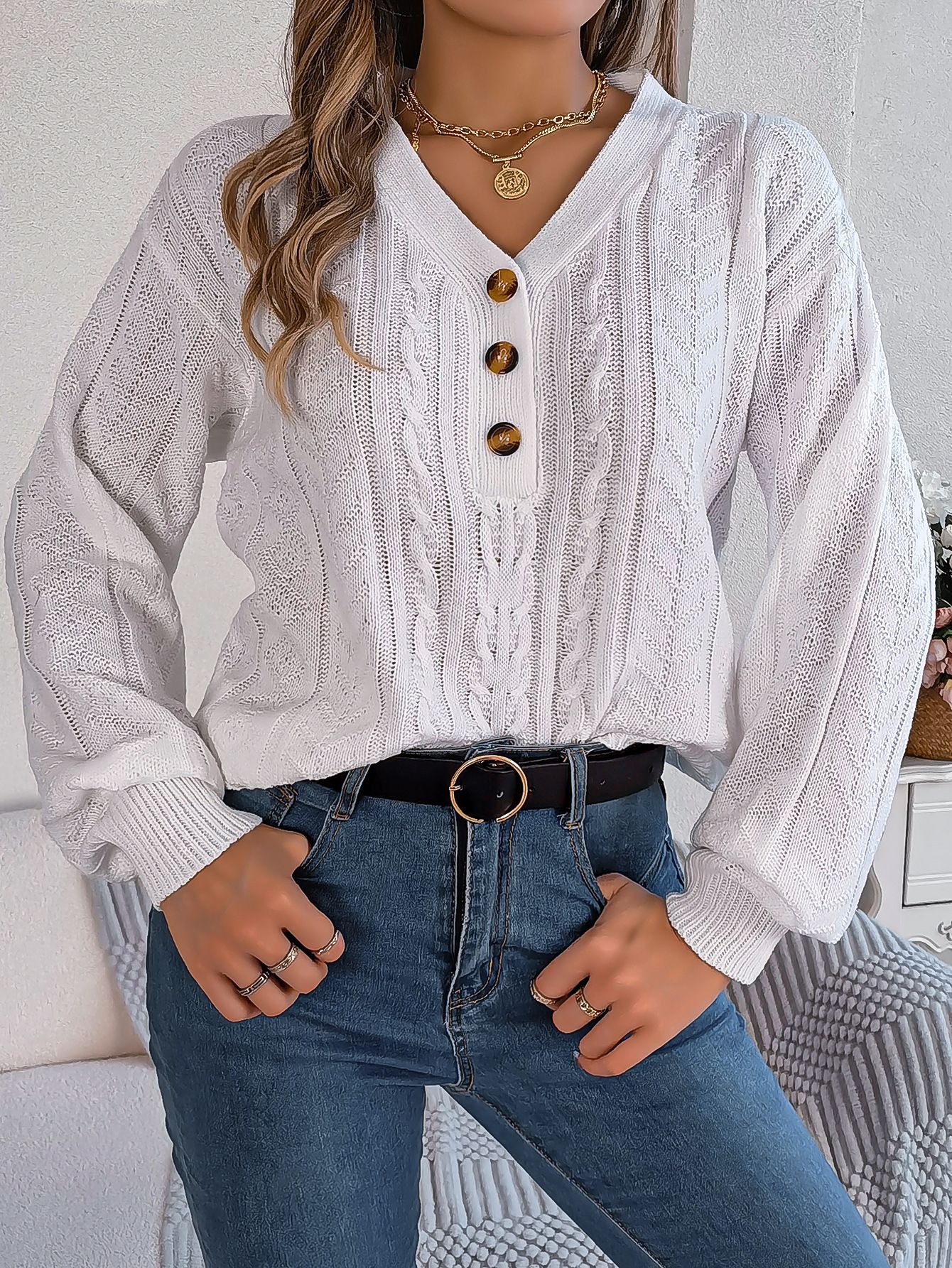 New Arrivals Fashion Winter Women's Puff Sleeve V Neck Knitted Pullover Women Top Oversize Sweater